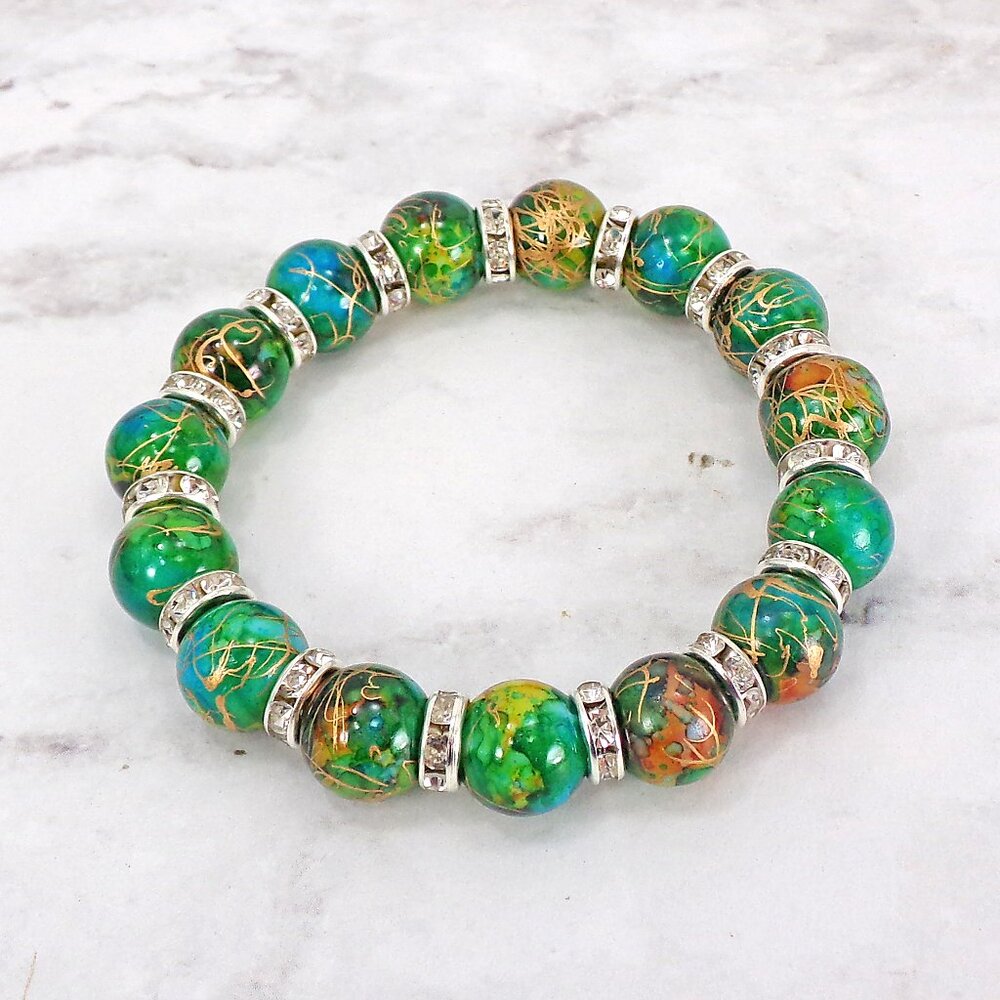 Green painted glass bead stretch bracelet with crystal spacer beads multi colors